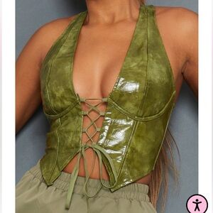 Olive Washed Faux Leather Lace Up Plunge Halterneck Top